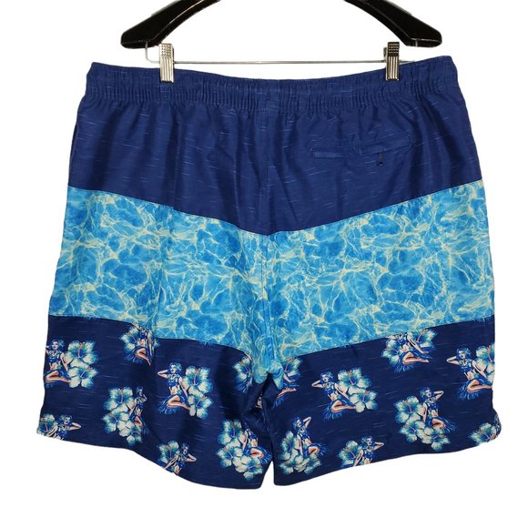 Caribbean Swimwear Board Shorts Navy Blue Colorblock Hawaiian Pin Up Floral - Picture 2 of 7